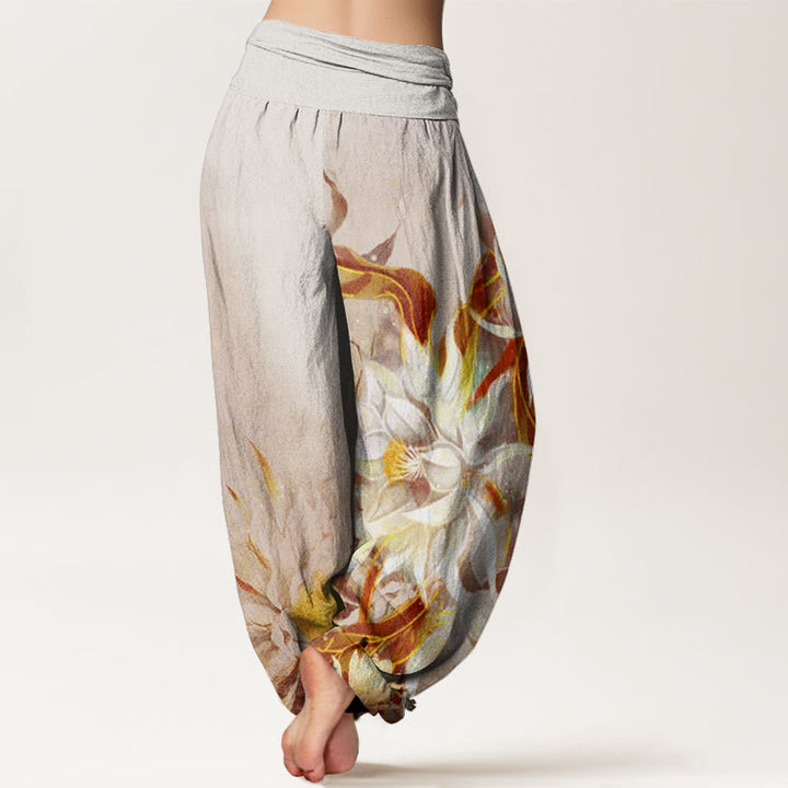 Pantaloni harem da donna con elastico in vita e motivo a fiori di Epiphyllum in cotone con Buddha Stones - image 5