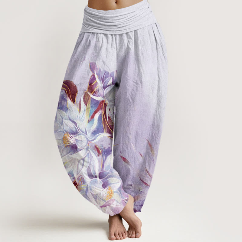 Pantaloni harem da donna con elastico in vita e motivo a fiori di Epiphyllum in cotone con Buddha Stones - Lavanda - US22, UK/AU26, EU54 (6XL) - image 7