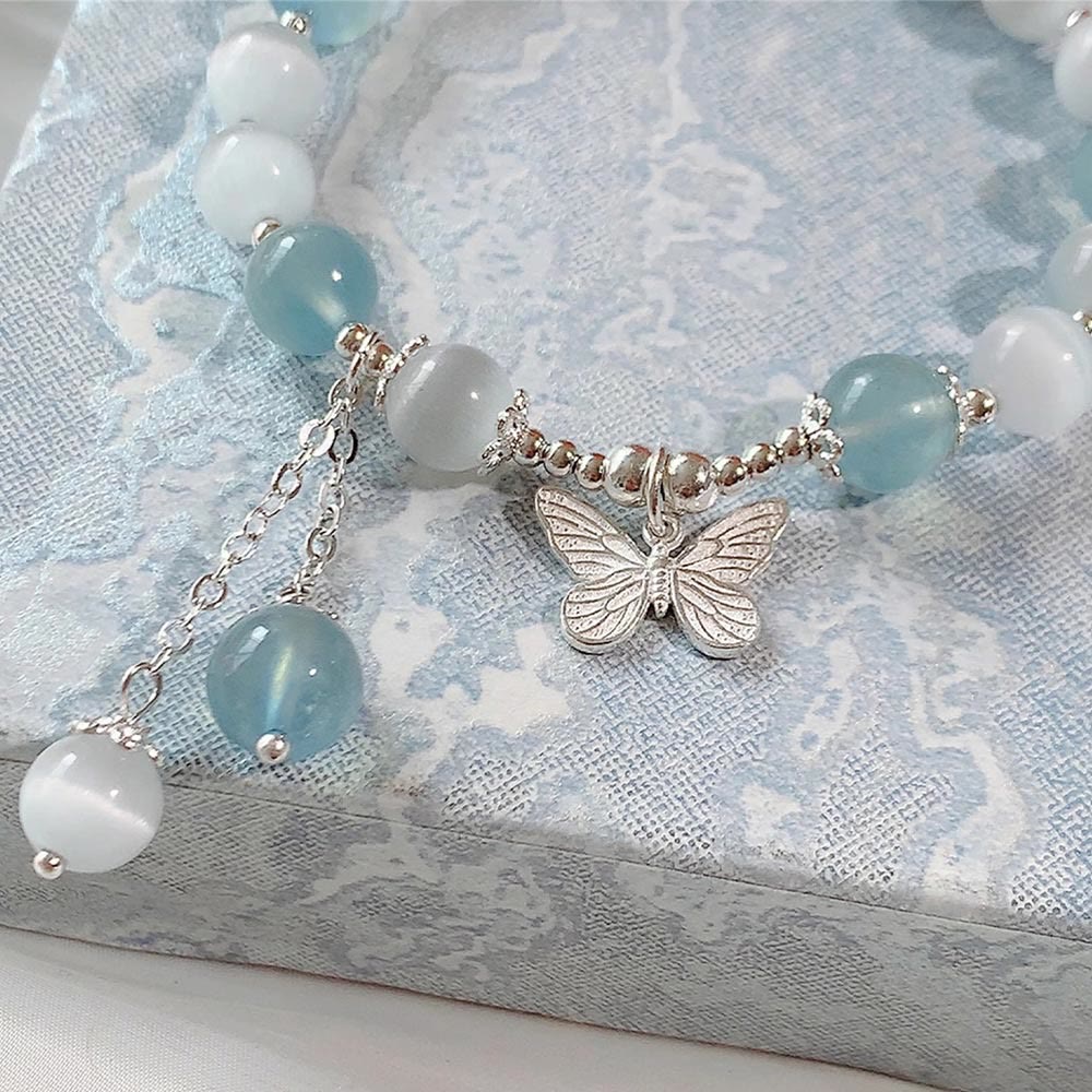 Bracciale di supporto con ciondolo a farfalla in acquamarina con occhio di gatto Buddha Stones