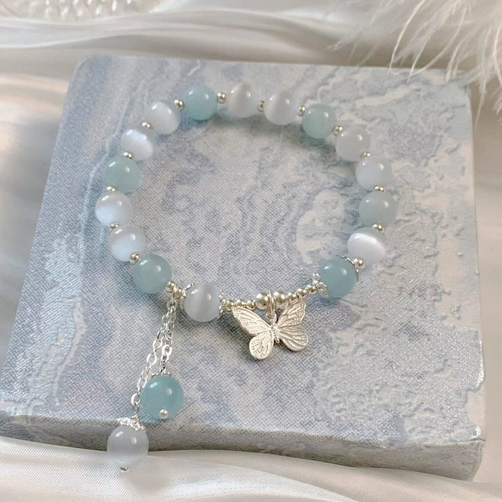 Bracciale di supporto con ciondolo a farfalla in acquamarina con occhio di gatto Buddha Stones