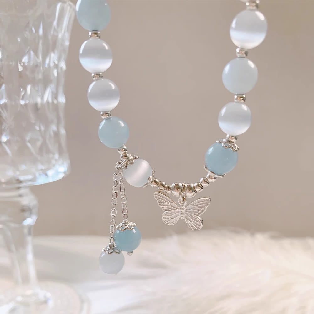 Bracciale di supporto con ciondolo a farfalla in acquamarina con occhio di gatto Buddha Stones