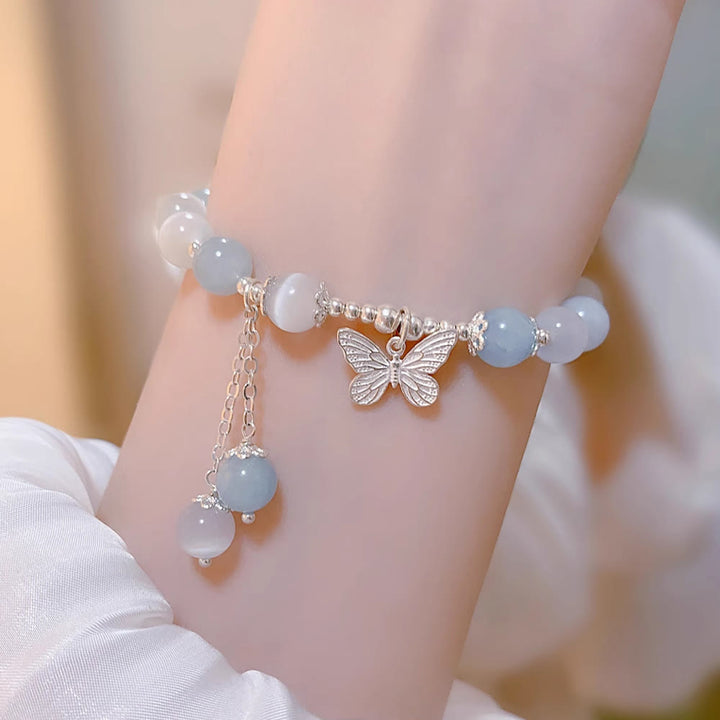 Bracciale di supporto con ciondolo a farfalla in acquamarina con occhio di gatto Buddha Stones