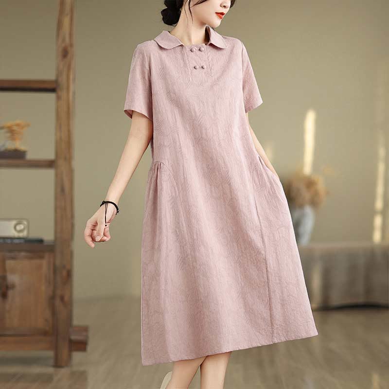Abito midi in lino e cotone con maniche corte, tasche e revers in jacquard tinta unita Buddha Stones - Rosa - US8-10, UK/AU12-14, EU40-42 (2XL) - image 27