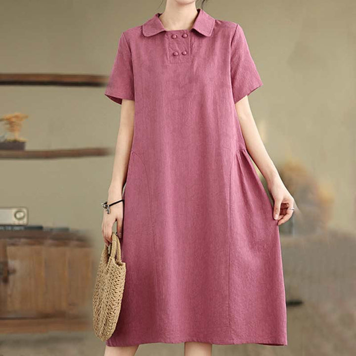 Abito midi in lino e cotone con maniche corte, tasche e revers in jacquard tinta unita Buddha Stones - Rosso viola medio - US8-10, UK/AU12-14, EU40-42 (2XL) - image 0