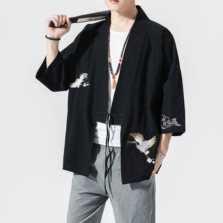 Giacca kimono da uomo a maniche a tre quarti con ricami Buddha Stones e apertura frontale. - Nero - US/UK/AU46, EU56 (5XL) - image 10