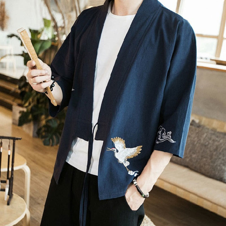 Giacca kimono da uomo a maniche a tre quarti con ricami Buddha Stones e apertura frontale. - image 2