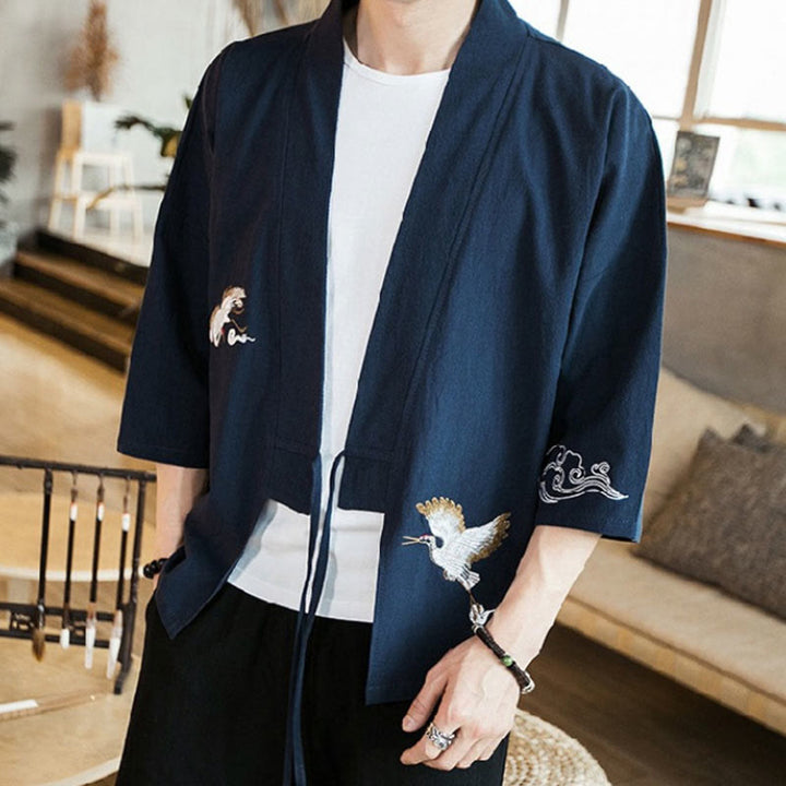 Giacca kimono da uomo a maniche a tre quarti con ricami Buddha Stones e apertura frontale. - image 6