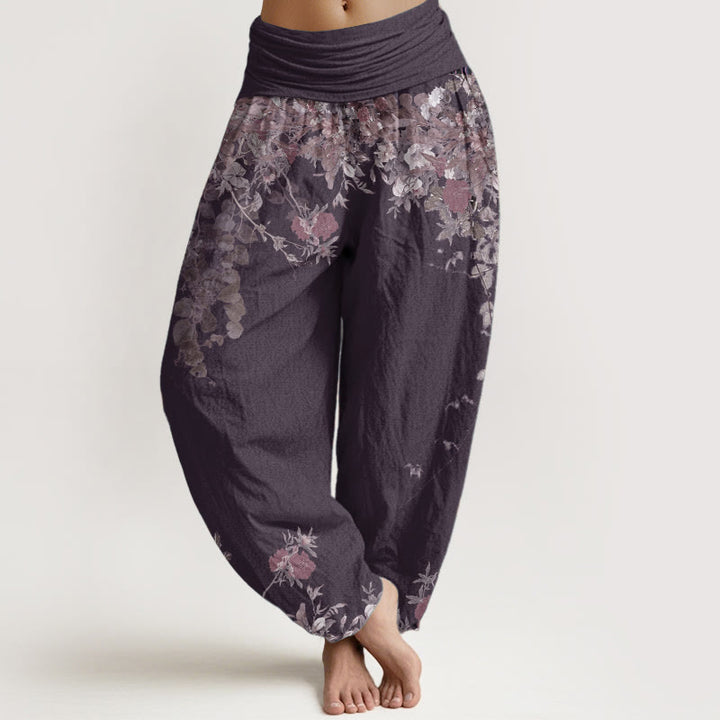 Pantaloni harem da donna con elastico in vita, in puro cotone, casual, con motivo a vite e peonia rossa, motivo Buddha Stones - Magenta scuro - US22, UK/AU26, EU54 (6XL) - image 9