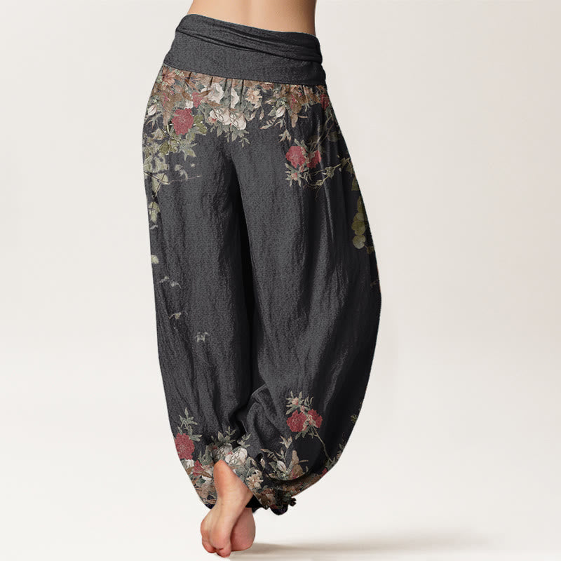 Pantaloni harem da donna con elastico in vita, in puro cotone, casual, con motivo a vite e peonia rossa, motivo Buddha Stones - image 1