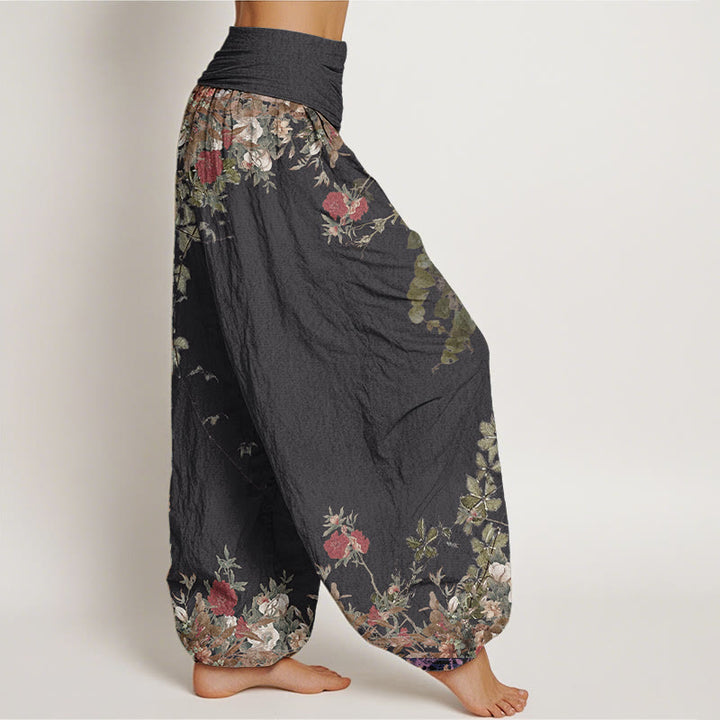 Pantaloni harem da donna con elastico in vita, in puro cotone, casual, con motivo a vite e peonia rossa, motivo Buddha Stones - image 2