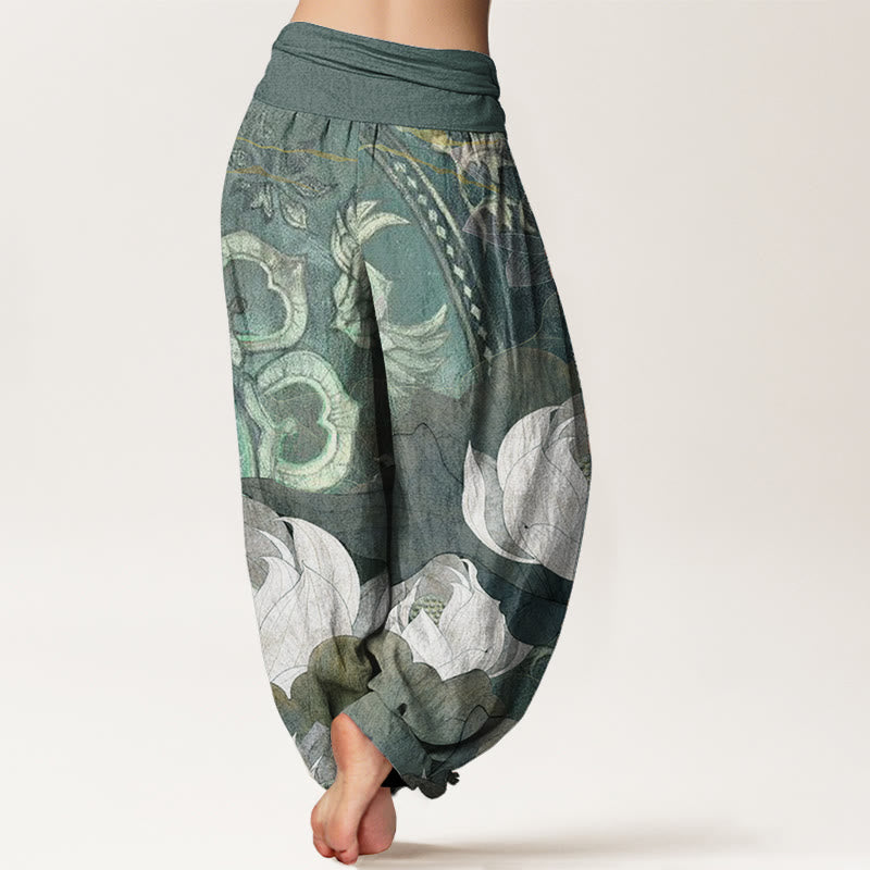 Pantaloni harem casual da donna con elastico in vita, in puro cotone, con motivo a foglie di loto bianco, motivo Buddha Stones - image 1