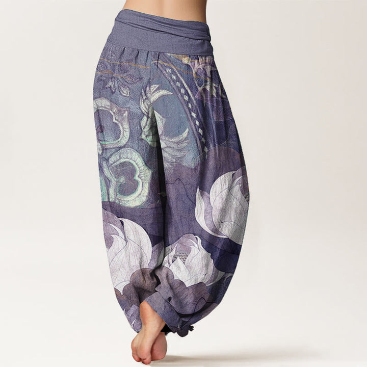 Pantaloni harem casual da donna con elastico in vita, in puro cotone, con motivo a foglie di loto bianco, motivo Buddha Stones - image 9