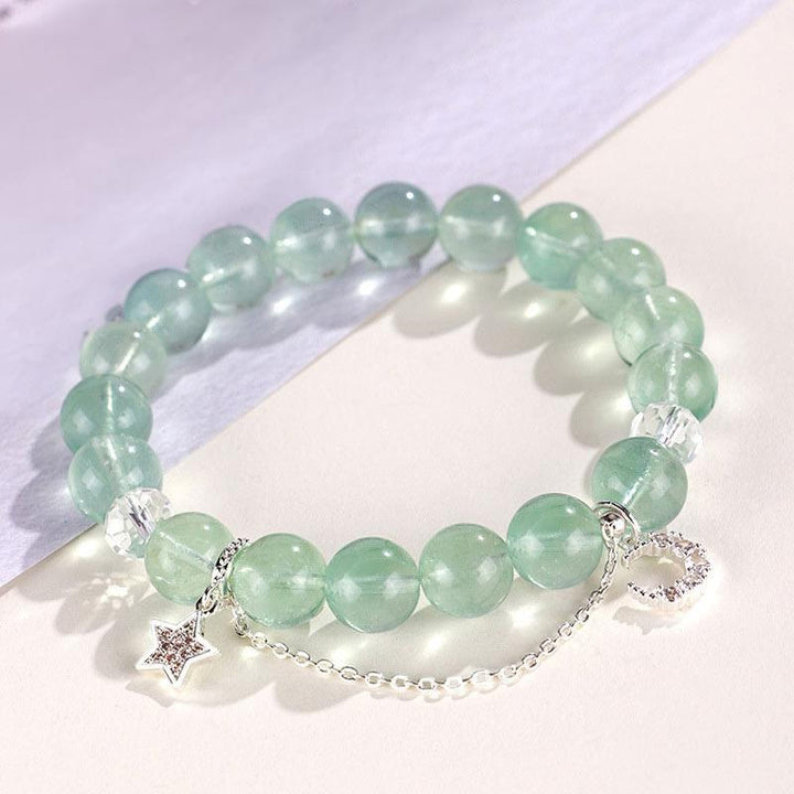 Bracciale con perle di fluorite verde, luna e stella della pace, Buddha Stones