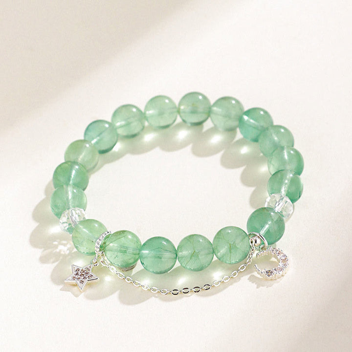 Bracciale con perle di fluorite verde, luna e stella della pace, Buddha Stones