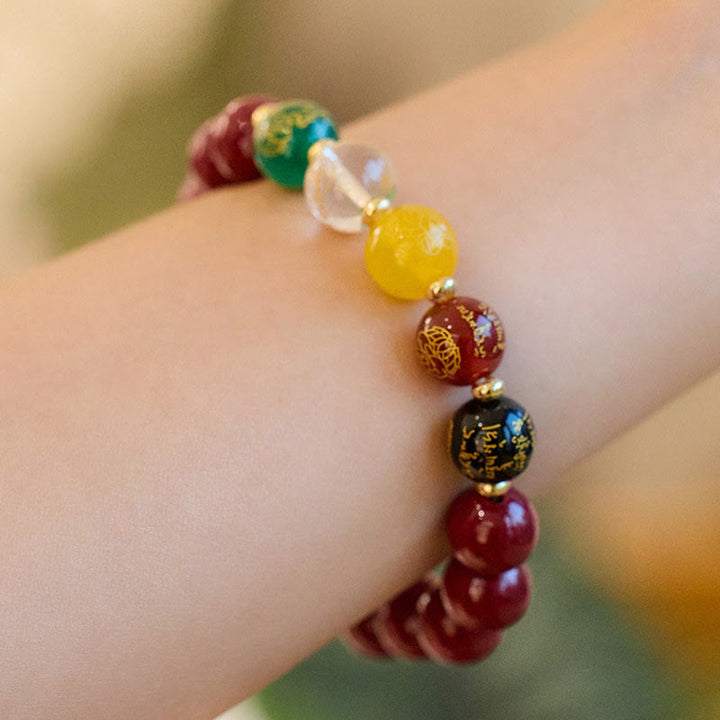 Braccialetto di benedizione delle cinque direzioni degli dei della ricchezza con Buddha Stones e agata cinabro