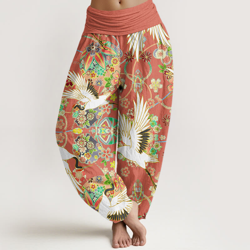 Pantaloni harem da donna con elastico in vita, motivo geometrico floreale e motivo a gru in cotone casual Buddha Stones - Arancione scuro - US22, UK/AU26, EU54 (6XL) - image 4