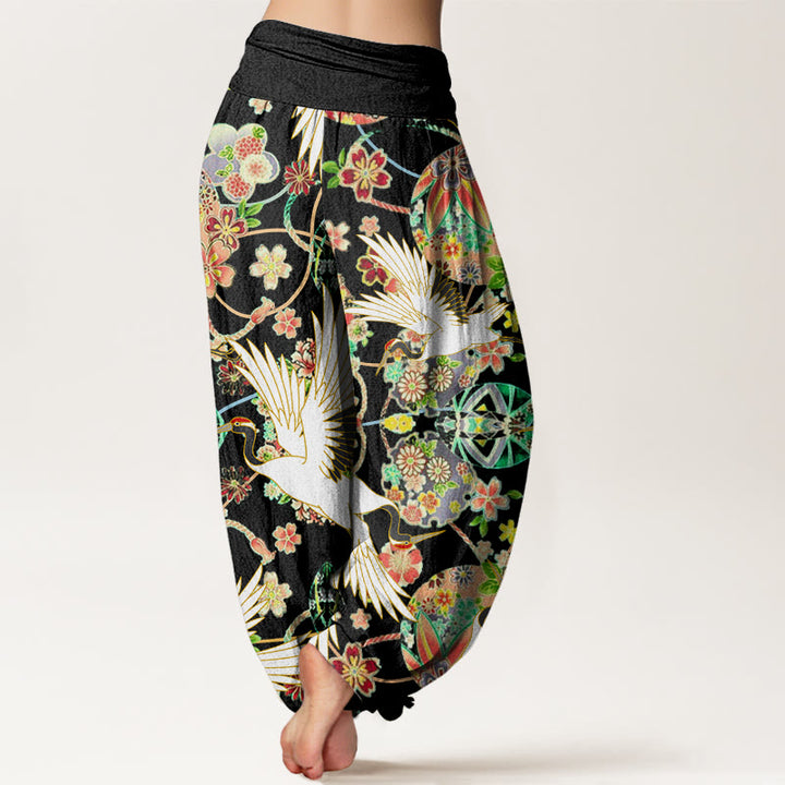 Pantaloni harem da donna con elastico in vita, motivo geometrico floreale e motivo a gru in cotone casual Buddha Stones - image 8