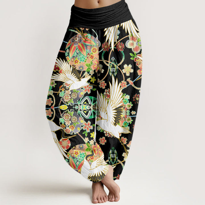 Pantaloni harem da donna con elastico in vita, motivo geometrico floreale e motivo a gru in cotone casual Buddha Stones - Nero - US22, UK/AU26, EU54 (6XL) - image 7