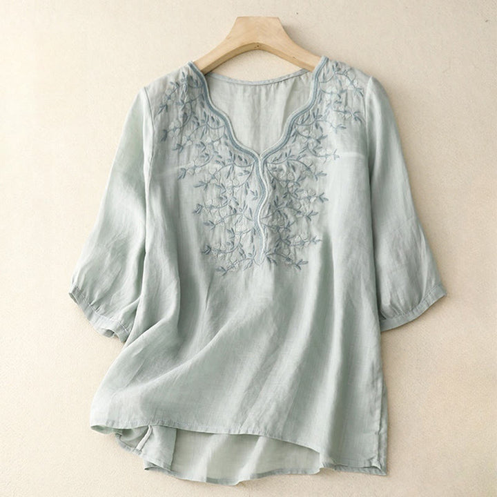 Maglietta acrilica da donna con scollo a V, manica corta, casual, estiva, con fiori ricamati, motivo Buddha Stones - Azzurro polvere - US8-10, UK/AU12-14, EU40-42 (2XL) - image 12