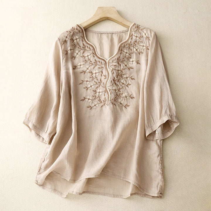 Maglietta acrilica da donna con scollo a V, manica corta, casual, estiva, con fiori ricamati, motivo Buddha Stones - Biscotto - US8-10, UK/AU12-14, EU40-42 (2XL) - image 18