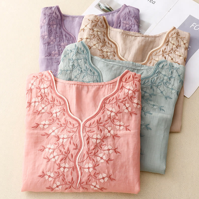 Maglietta acrilica da donna con scollo a V, manica corta, casual, estiva, con fiori ricamati, motivo Buddha Stones - image 22