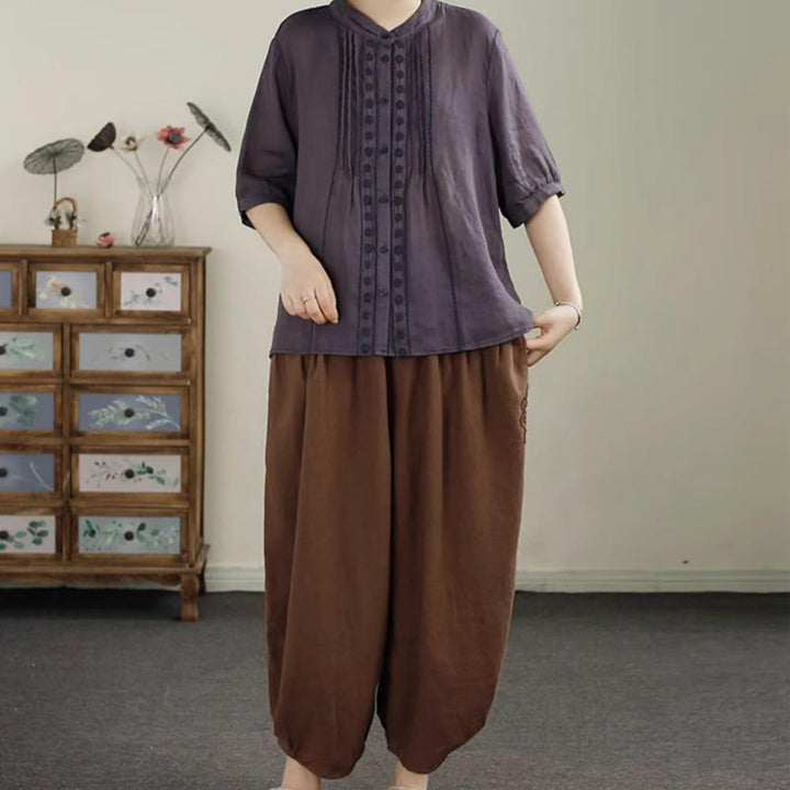 Pantaloni harem da donna in cotone e lino con ricamo vintage Buddha Stones, lunghezza 7-8, con tasche - image 17