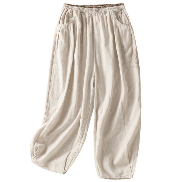 Pantaloni harem da donna in cotone e lino con ricamo vintage Buddha Stones, lunghezza 7-8, con tasche - image 9