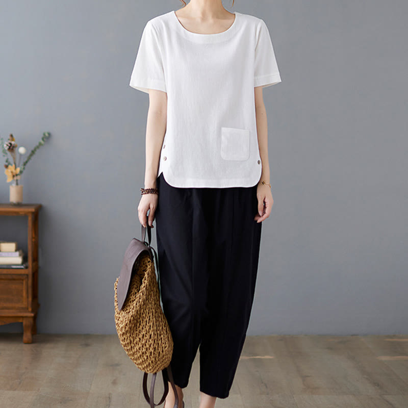 T-shirt da donna a maniche corte girocollo in cotone e poliestere con taschino e spacco laterale, con motivo Buddha Stones. - image 16