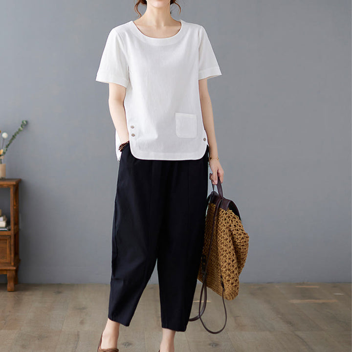 T-shirt da donna a maniche corte girocollo in cotone e poliestere con taschino e spacco laterale, con motivo Buddha Stones. - image 17