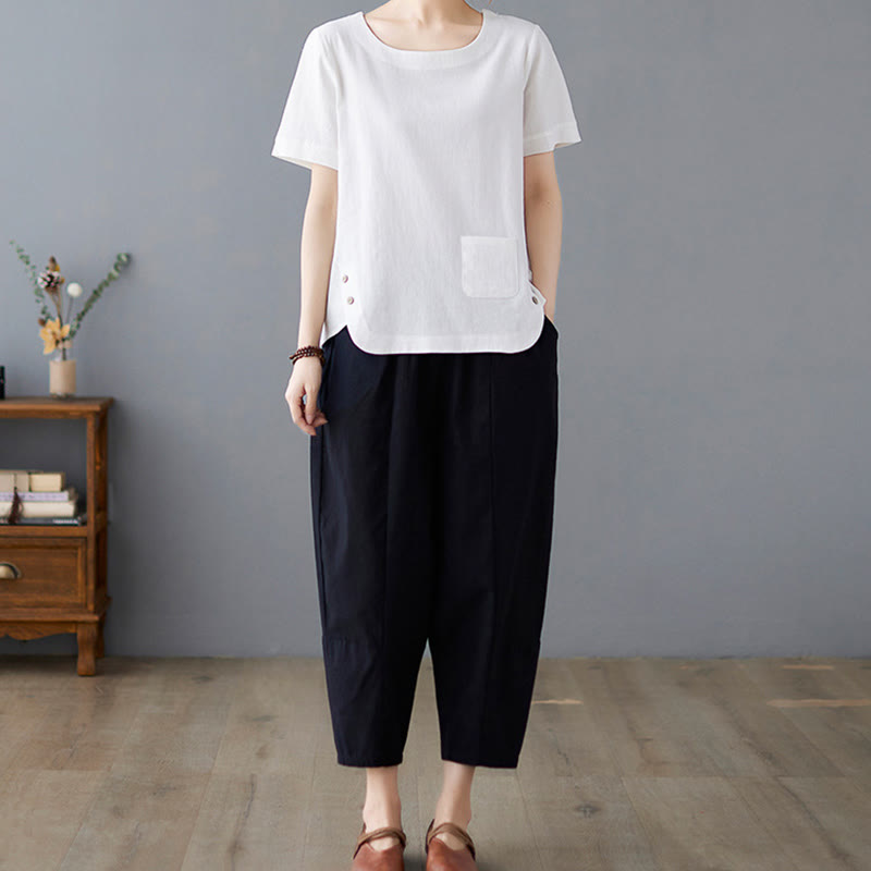 T-shirt da donna a maniche corte girocollo in cotone e poliestere con taschino e spacco laterale, con motivo Buddha Stones. - image 15