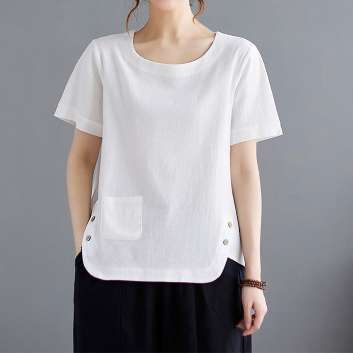 T-shirt da donna a maniche corte girocollo in cotone e poliestere con taschino e spacco laterale, con motivo Buddha Stones. - image 14