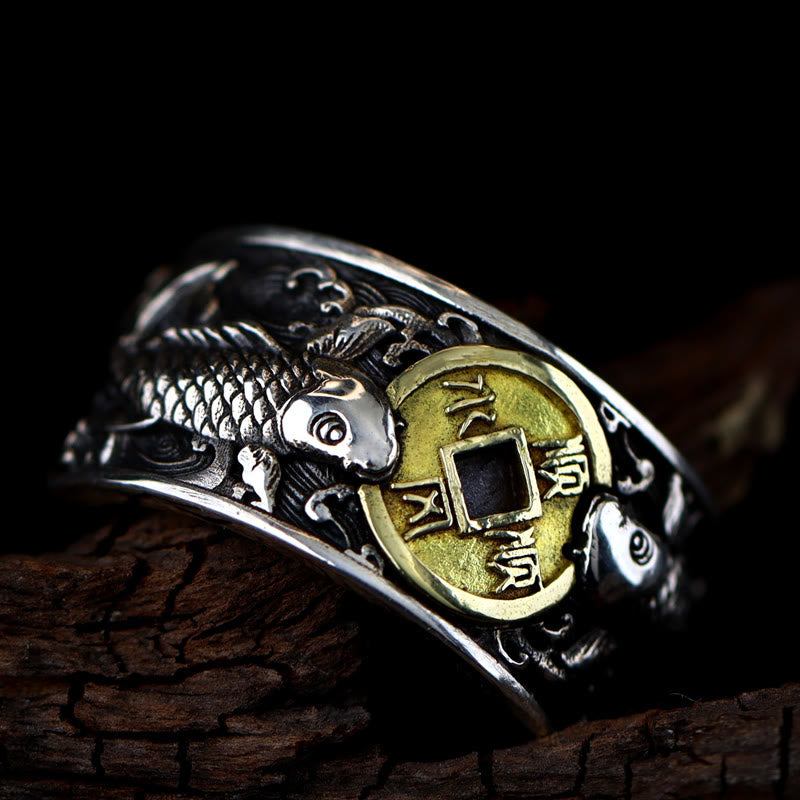 Buddha Stones con apertura regolabile in argento sterling 925, con pesce koi portafortuna, moneta di rame e nuvole di buon auspicio, simbolo di ricchezza - image 2