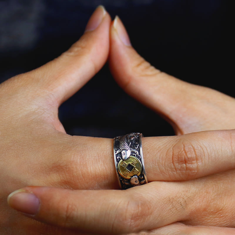 Buddha Stones con apertura regolabile in argento sterling 925, con pesce koi portafortuna, moneta di rame e nuvole di buon auspicio, simbolo di ricchezza - image 16