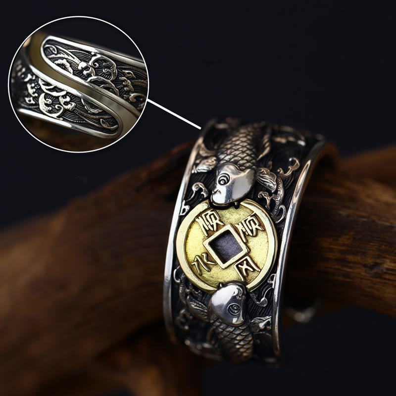Buddha Stones con apertura regolabile in argento sterling 925, con pesce koi portafortuna, moneta di rame e nuvole di buon auspicio, simbolo di ricchezza - image 15