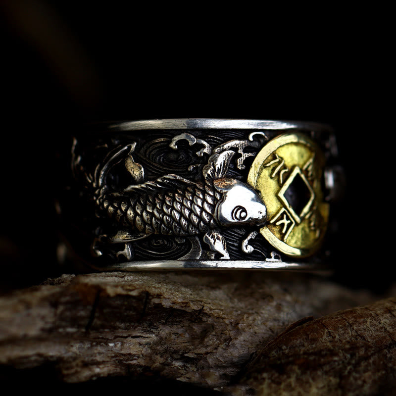 Buddha Stones con apertura regolabile in argento sterling 925, con pesce koi portafortuna, moneta di rame e nuvole di buon auspicio, simbolo di ricchezza - image 1