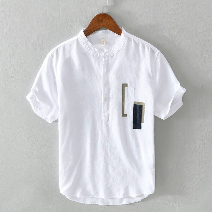 Camicia da uomo in cotone e lino a maniche corte con toppa semplice e design abbinato ai colori, motivo Buddha Stones Daily - Bianco - US/UK/AU42, EU52 (3XL) - image 1