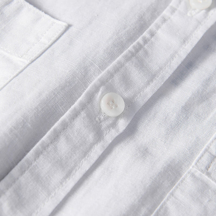 Camicia da uomo in cotone e lino a maniche corte con colletto alto, modello Buddha Stones, casual, semplice, con bottoni e tasche anteriori - image 4