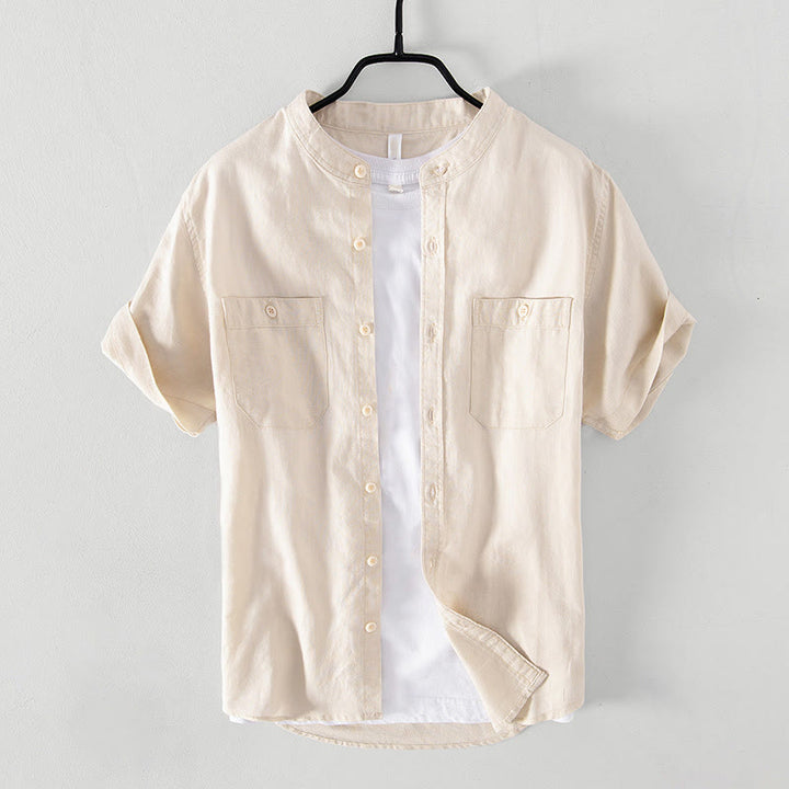 Camicia da uomo in cotone e lino a maniche corte con colletto alto, modello Buddha Stones, casual, semplice, con bottoni e tasche anteriori - Beige - US/UK/AU42, EU52 (3XL) - image 9