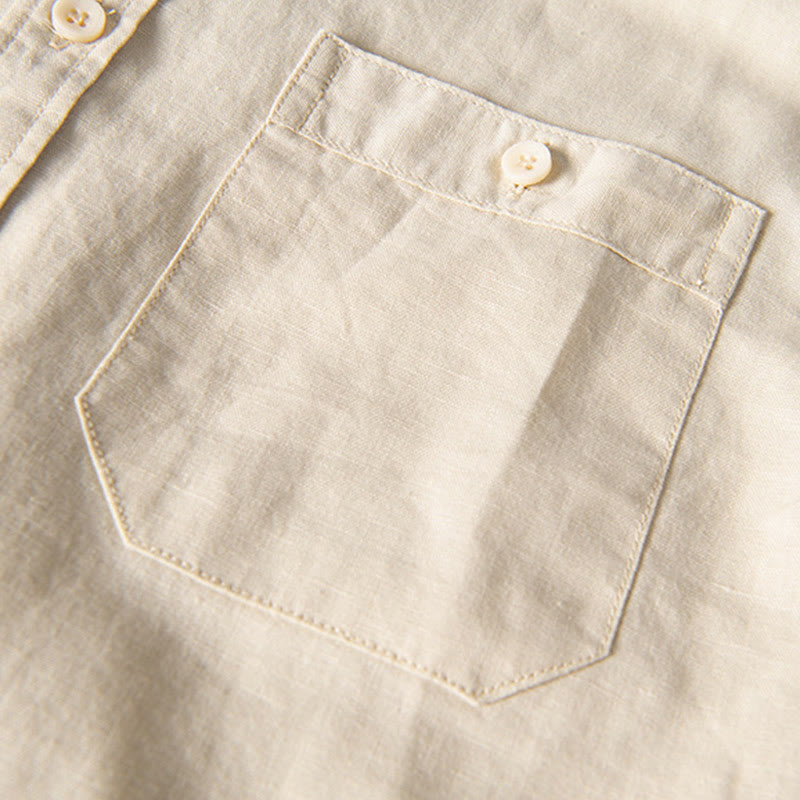Camicia da uomo in cotone e lino a maniche corte con colletto alto, modello Buddha Stones, casual, semplice, con bottoni e tasche anteriori - image 13