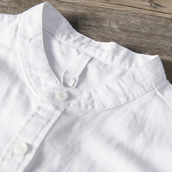 Camicia da uomo in cotone e lino a maniche corte con colletto alto, modello Buddha Stones, casual, semplice, con bottoni e tasche anteriori - image 3