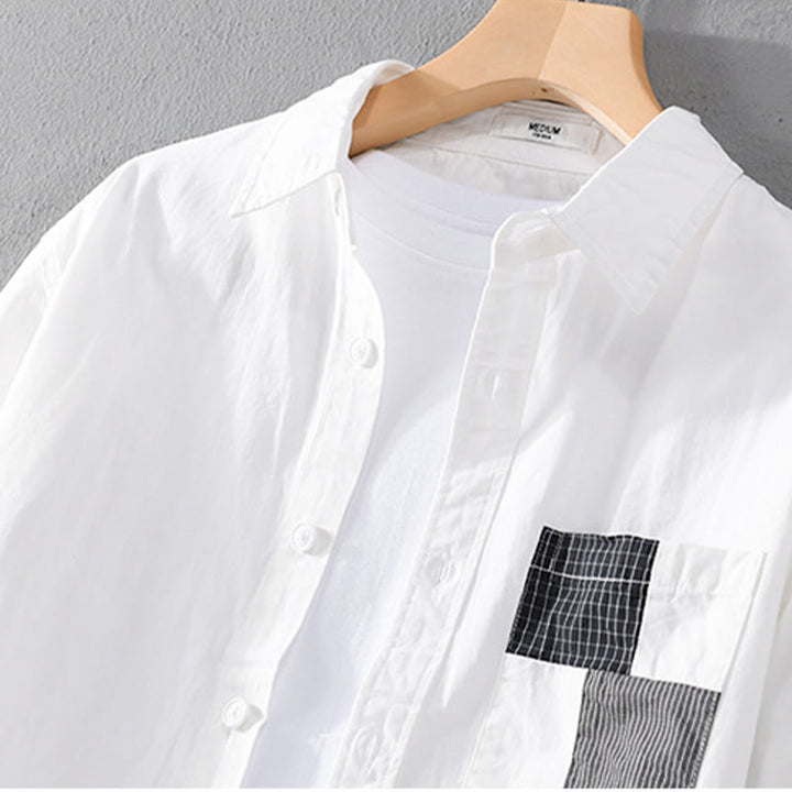 Camicia da uomo in cotone e lino a maniche lunghe con tasche, modello patchwork , Buddha Stones Spring Daily Line - image 9
