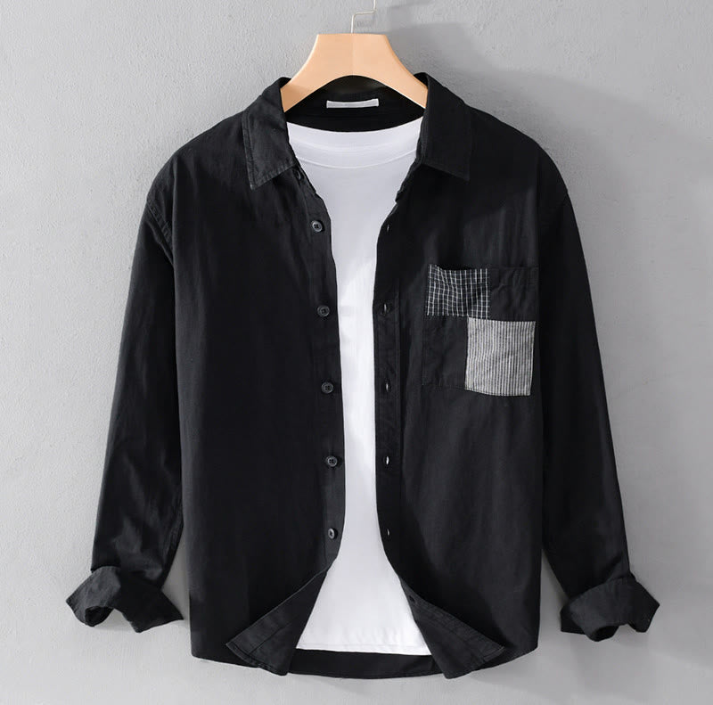 Camicia da uomo in cotone e lino a maniche lunghe con tasche, modello patchwork , Buddha Stones Spring Daily Line - Nero - US/UK/AU42, EU52 (3XL) - image 15