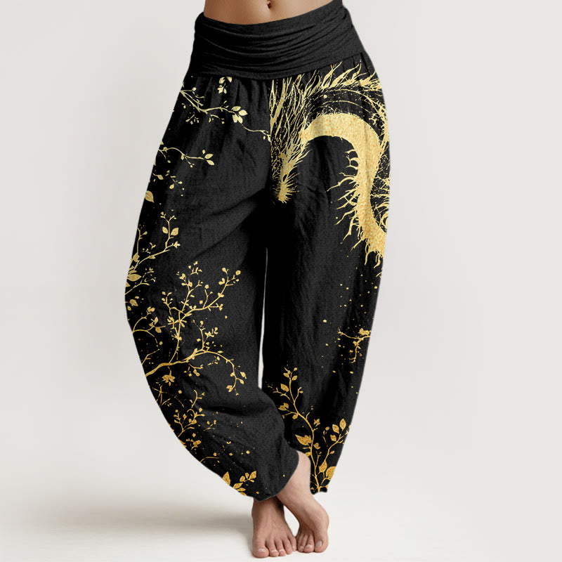 Pantaloni harem da donna con elastico in vita, in cotone, casual, con motivo a drago, fiore e foglie, motivo Buddha Stones - Nero - US22, UK/AU26, EU54 (6XL) - image 0