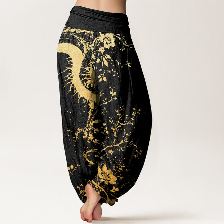 Pantaloni harem da donna con elastico in vita, in cotone, casual, con motivo a drago, fiore e foglie, motivo Buddha Stones - image 2