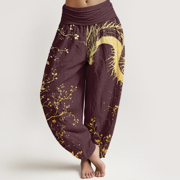 Pantaloni harem da donna con elastico in vita, in cotone, casual, con motivo a drago, fiore e foglie, motivo Buddha Stones - Marrone - US22, UK/AU26, EU54 (6XL) - image 4