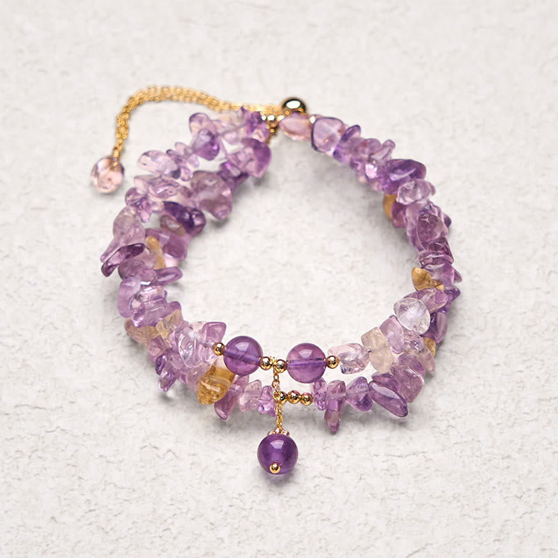 Braccialetto da meditazione a doppio strato con ghiaia irregolare naturale di ametista e citrino Buddha Stones