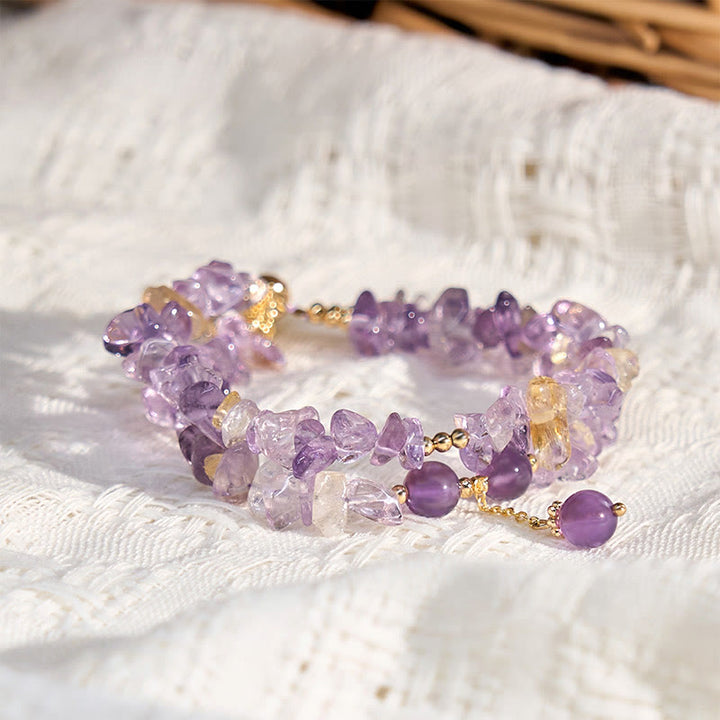 Braccialetto da meditazione a doppio strato con ghiaia irregolare naturale di ametista e citrino Buddha Stones
