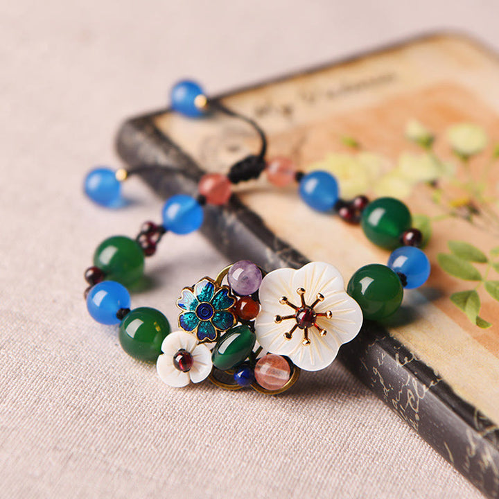 Braccialetto di supporto con fiori di agata e conchiglia Buddha Stones
