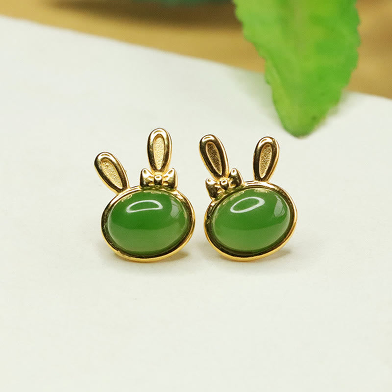 Orecchini a bottone con ciondolo a forma di coniglio fortunato in argento sterling 925 con Buddha Stones e giada ciano di Hetian - Giada Ciano Hetian (Successo ♥ Guarigione) - image 0