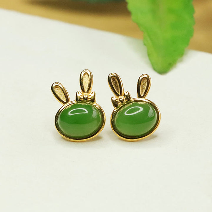 Orecchini a bottone con ciondolo a forma di coniglio fortunato in argento sterling 925 con Buddha Stones e giada ciano di Hetian - Giada Ciano Hetian (Successo ♥ Guarigione) - image 0